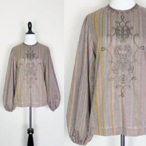 Rare Vintage 60s 70s  Purple Embroidered Blouson Sleeve Peasant Blouse S/M
